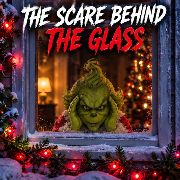 GrinchPeepers Christmas scare behind the glass