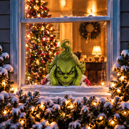 GrinchPeepers displayed in a home window